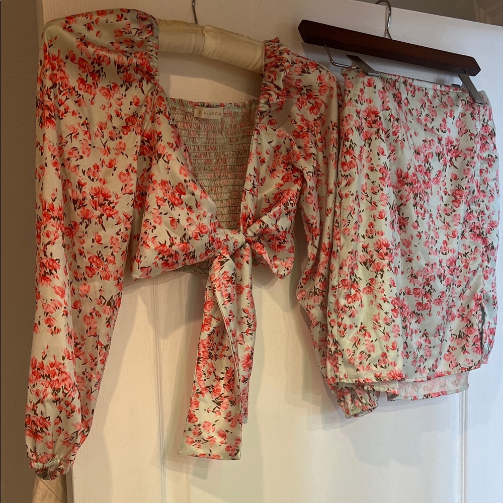 O.Vianca Floral Tie-Front Blouse and Skirt Set